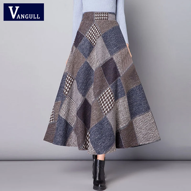 Vangull/осенне-зимняя клетчатая юбка Новое поступление, теплая шерстяная Женская юбка с высокой талией, элегантная, красивая, женская, утолщенная юбка трапециевидной формы