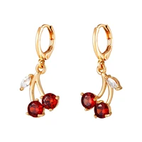 gold plated sweety fruit red cherry earrings charm women girls dangle earring 10mm small hoops with crystal cherry pendant drop