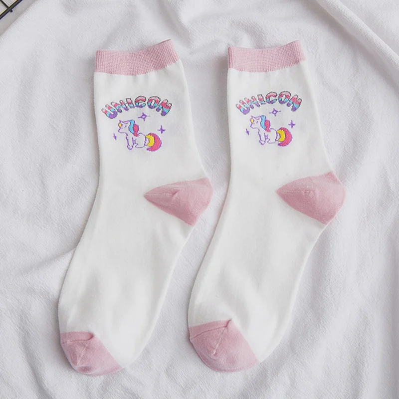 WT Носки с единорогами для взрослых девочек Harajuku Радуга звезды мультфильм колледж животное лошадь изогнутое крепление Сумерки фиолетовый Таро - Цвет: WT