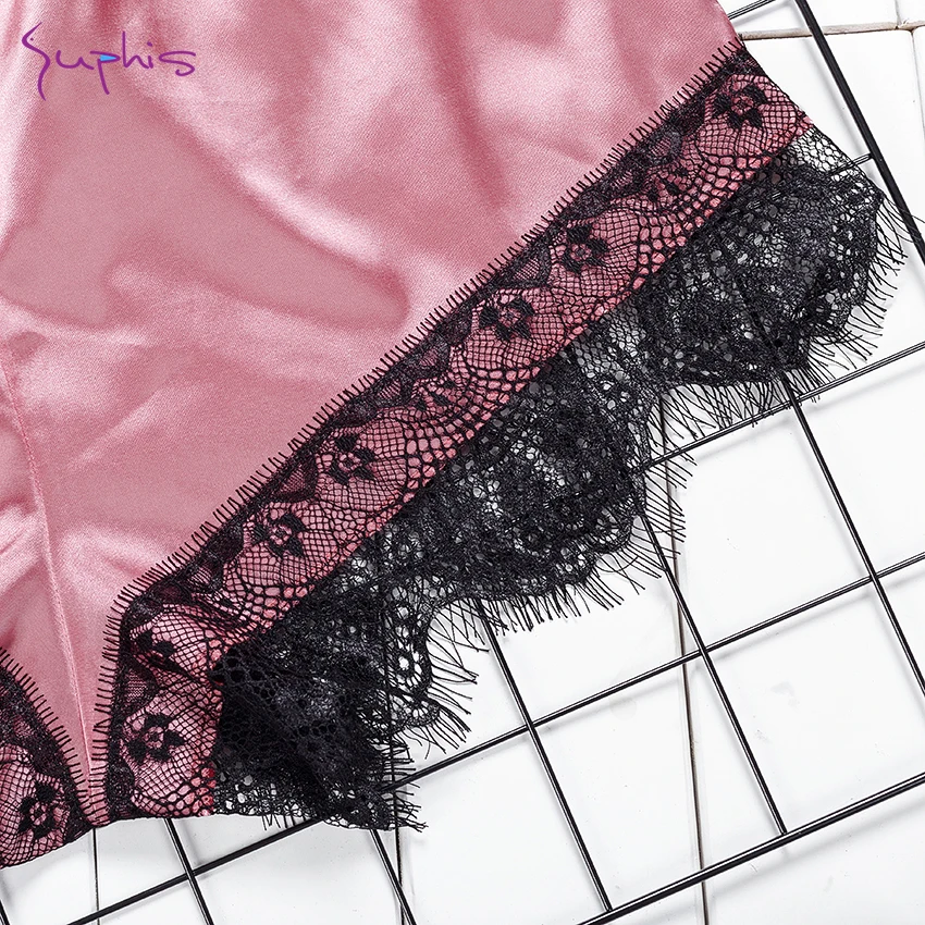 Женское шелковое боди с кружевной отделкой Suphis сексуальное розовое атласное
