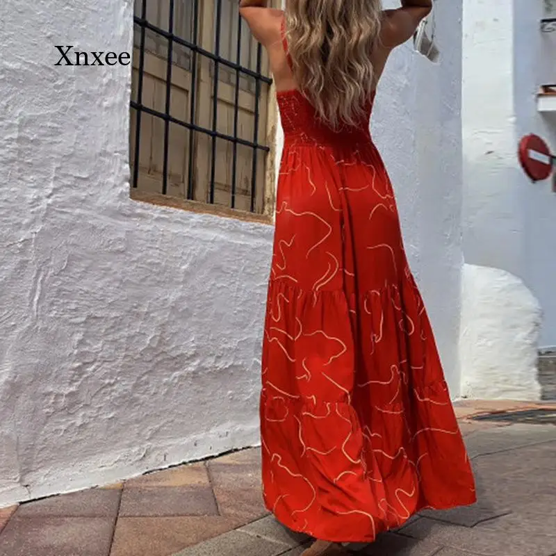 

2021 Summer Spaghetti Strap Robe New Printed Backless Long Dress Fashion Casual Loose Loose Dresses Beach for Women Clothing