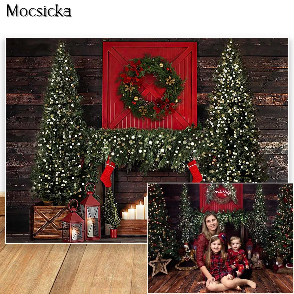 

Christmas Fireplace Backdrop Bokeh Xmas Tree Red Wreath Decoration Photography Kids Portrait Photo Props Studio Booth Background