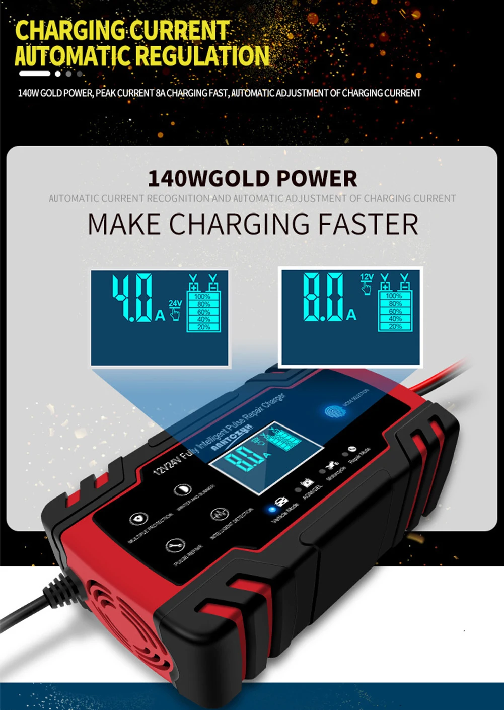 

12V 24V 6-150Ah Motorcycle Car Battery Charger Maintainer & Desulfator Smart LCD Battery Charger Pulse Repair Battery Charger