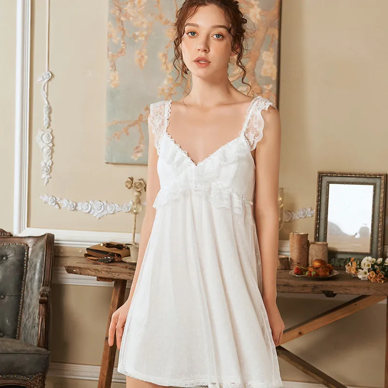 

Женская хлопковая ночная рубашка, повседневное кружевное платье для сна, однотонное мини-платье без рукавов с v-образным вырезом, ночная руб...