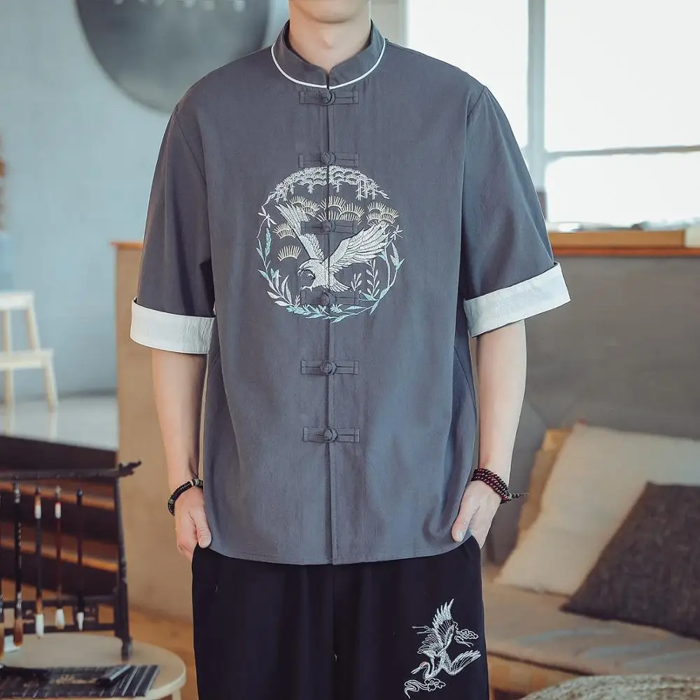 

Large Size Embroidery Men Shirt Chinese Style Tang Suit Half Sleeve Top Shirt Male Kung Fu Shirts Casual Tang Top Oversize 5XL