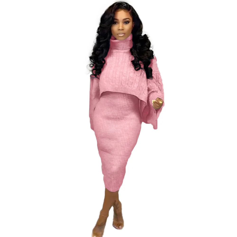 Pink Autumn Winter Knitted Sweater Two Piece Set Turtleneck Long Sleeve Loose Crop Top+ Bandage Midi Tank Dress Plus Size Tracksuit - Цвет: Pink