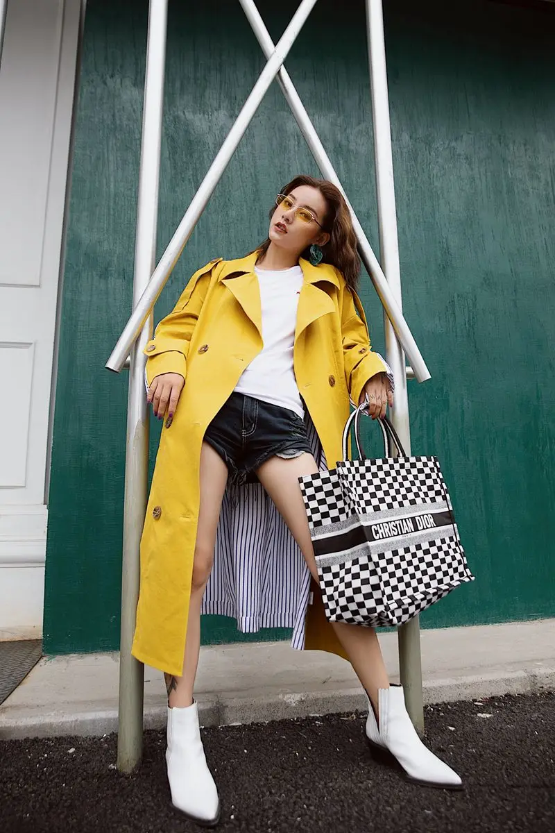 GetSpring Женский тренчкот с отделкой тканью в полоску длинный рукав двубортный