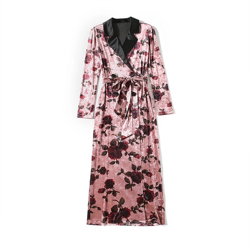 

New Elegant Vintage Women Velvet Print Slim Tunic Maxi Dress Evening Party Clothing Lady Long Sleeve Dresses
