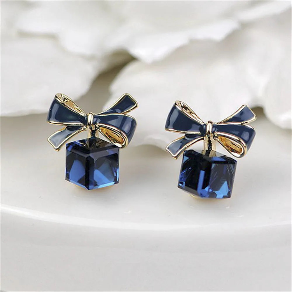 

2022 Fashion Gold Bowknot Cube Crystal Earring Square Bow Earrings Cute Sweet For Women Pretty Valentine's Day Gift Jewelry