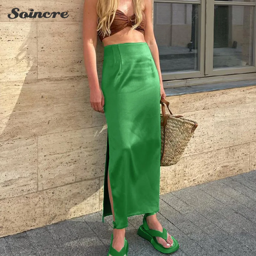 

Sexy Satin Skirts Woman 2021 Fashion Side Split High Waist Straight Zipper Y2K Green Skirt Casual High Street Ladies Long Skirt