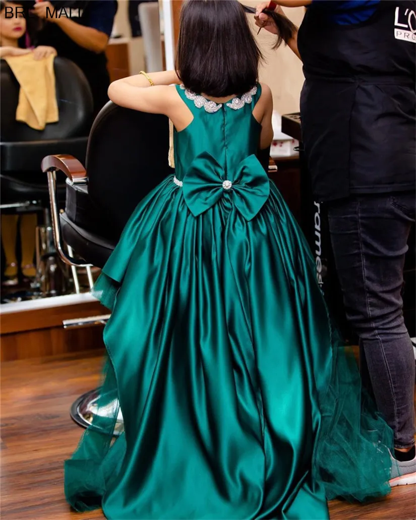 

Bow Sash Hunter Green Satin Glitz Flower Girl Dresses For Weddings High Low Little Kids Formal Party Gowns girls pageant dress