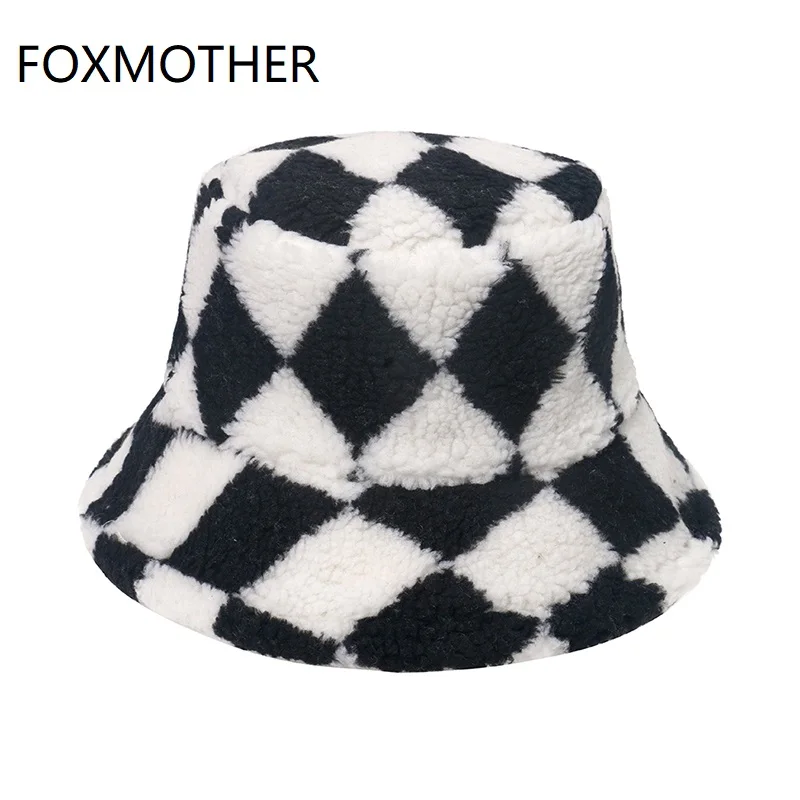 Зимняя уличная теплая Панама FOXMOTHER из искусственного меха ягненка, шапка в клетку с геометрическим узором, пушистая рыболовная Кепка, Панам...