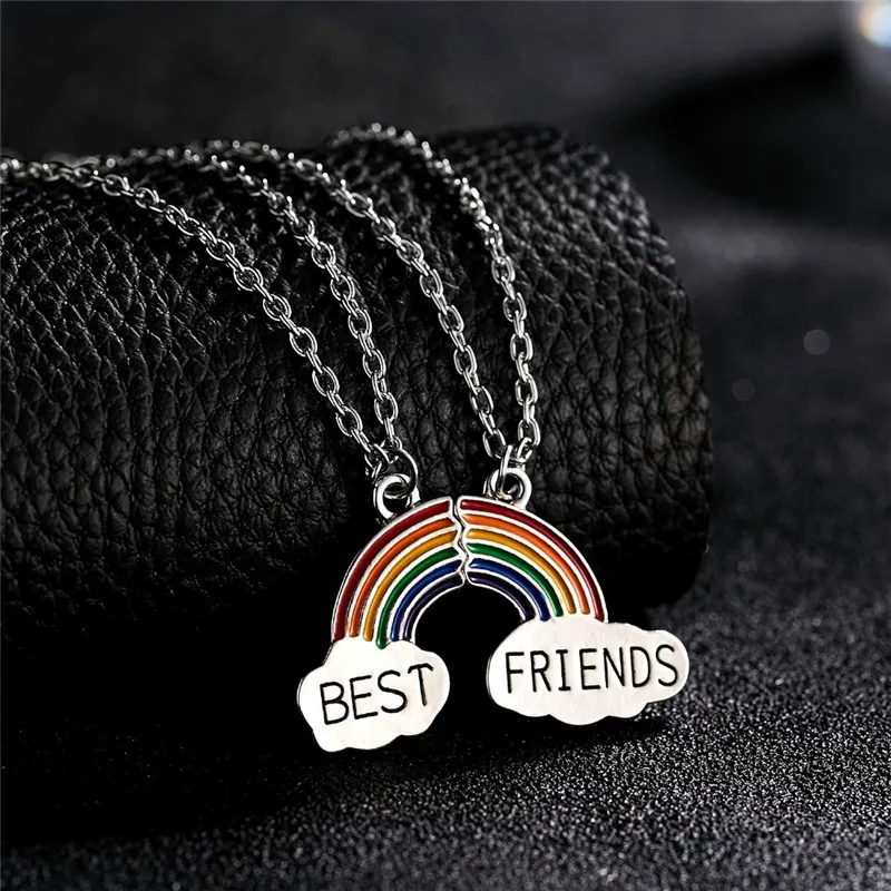 

2Pcs/set Best Friend Necklace Charm Rainbow Heart Engrave Best Friend Forever Necklace Pendant Friendship BFF Jewelry Gift &