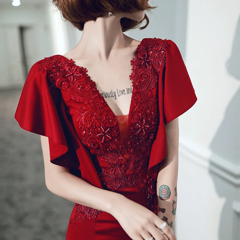 Женское вечернее платье-русалка бордовое элегантное облегающее платье с