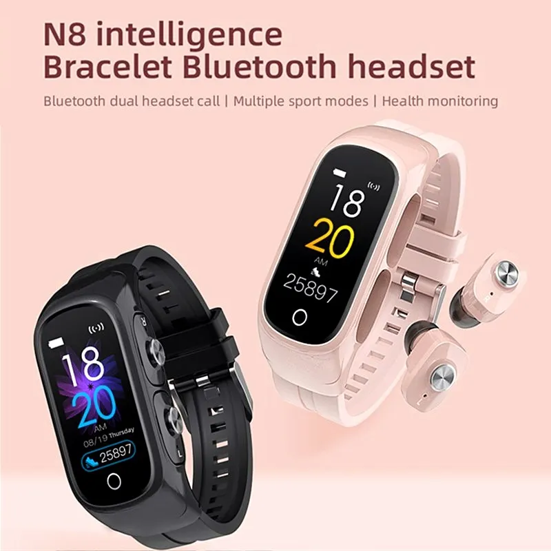 

N8 Smart Watch with Bluetooth Earphones 0.96 Inch Square Screen TWS Headset Call Watches Long Standby Health Monitor SmartWatch