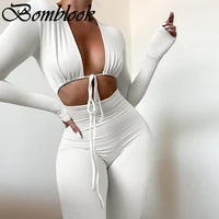 bomblook sexy party club jumpsuit summer female 2021 solid long sleeve drawstring lace up jumpsuit women fashion streetwears