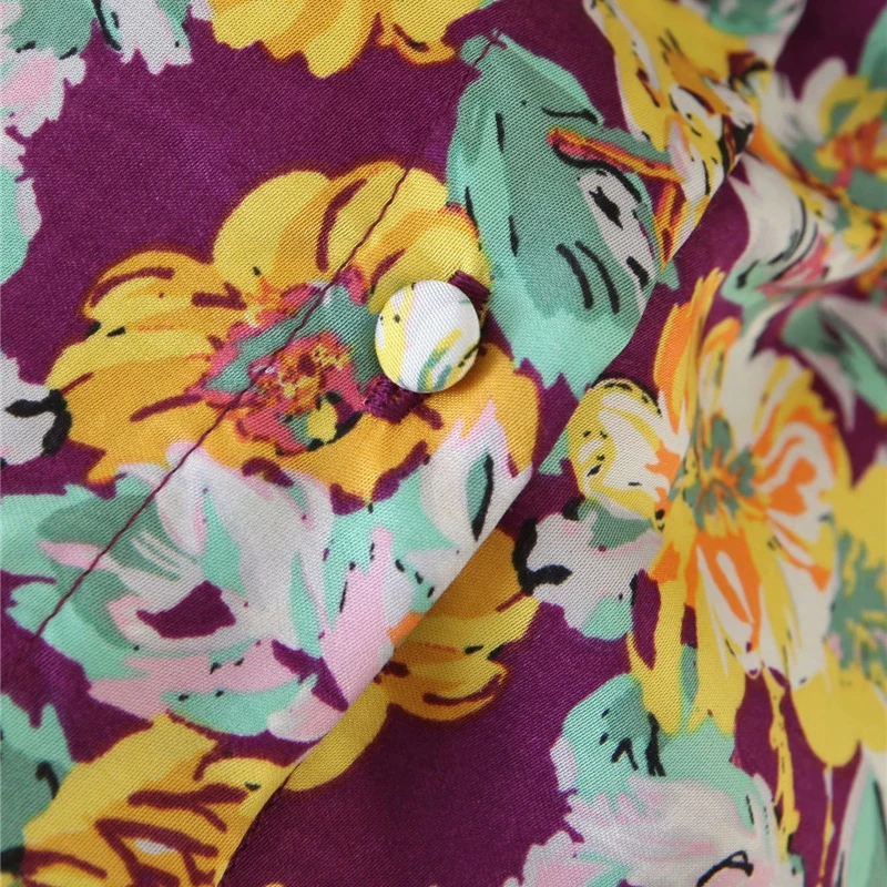 Summer Chic Lady Floral Print Purple Za Long Blouse Women Fashion Single Breasted Short Sleeve Holidy Beach Style Shirt blusas | Женская