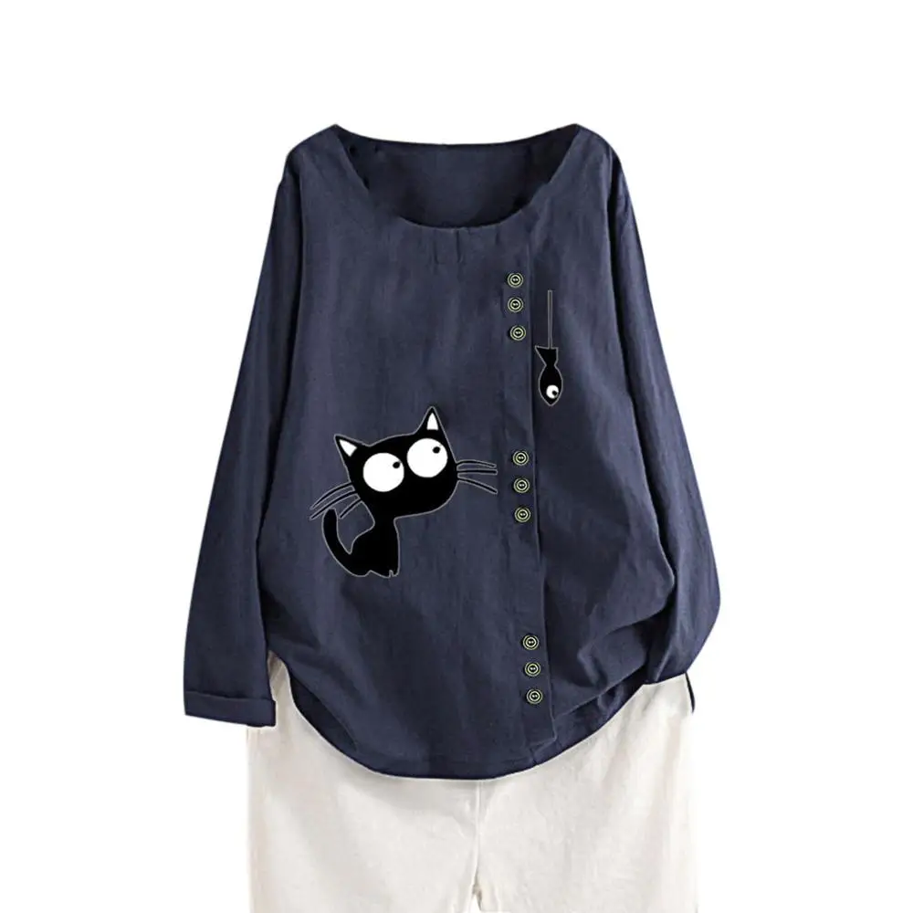 

Women Spring Summer Fashion Korea Style Oversized Long Sleeve Cotton Linen Fabric Cat And Fish Printing Cute Tshirt Casual Tees