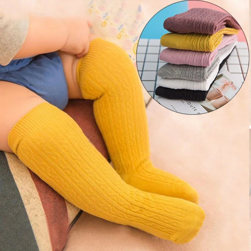 

Toddler Baby Autumn Cable Knitted Knee High Long Socks Solid Color Infant Little Girls Cotton Stockings Leg Warmers