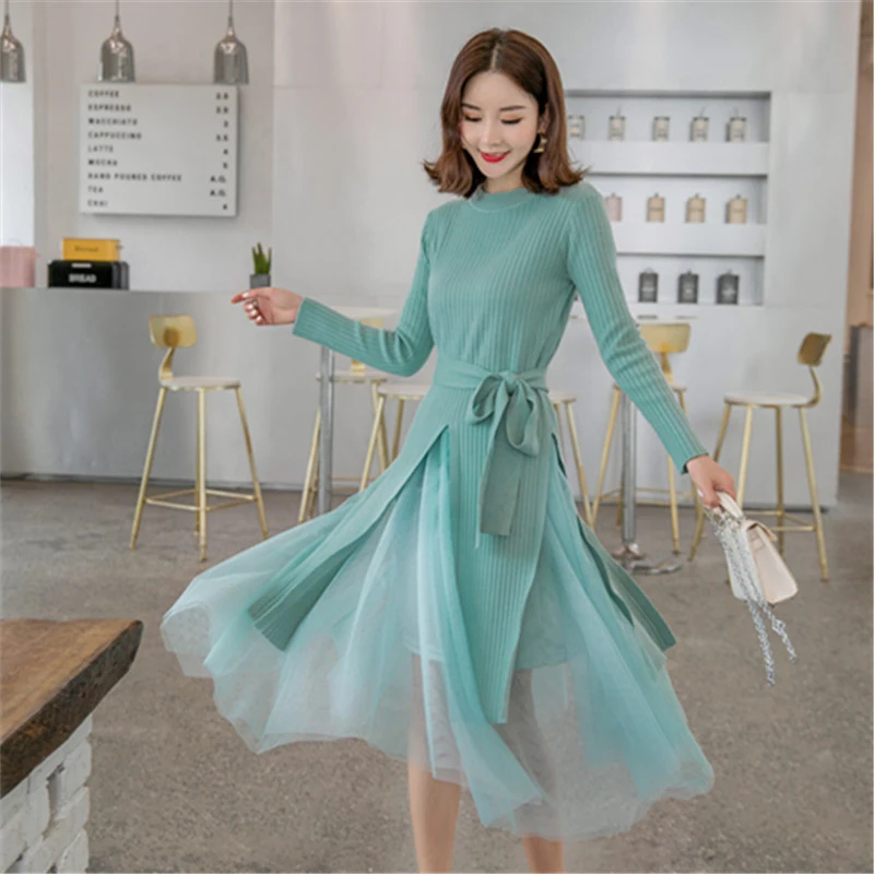 Платье для женщин 2019 осень зима трикотажные платья наборы элегантный длинный