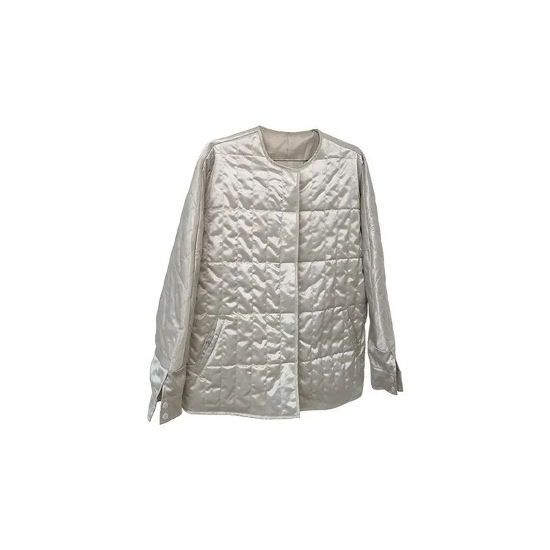 Autumn New Style Korean Style Fashionable Satin Texture Quilted Round Neck Cotton Jacket Loose Wild Thin Warm Jacket Women