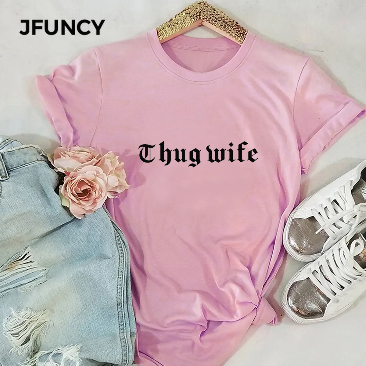 JFUNCY Classic Letter Print T Shirt Women Summer Shirts 100% Cotton Short Sleeve Woman T-shirt Oversize Casual Female Tees Tops