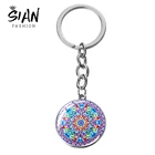 Азиатских фиолетового цвета с цветочным узором и мандалой Длинная цепочка для ключей лак народное искусство фотографии Стекло кулон брелок Традиционный китайский этнический милые безделушки