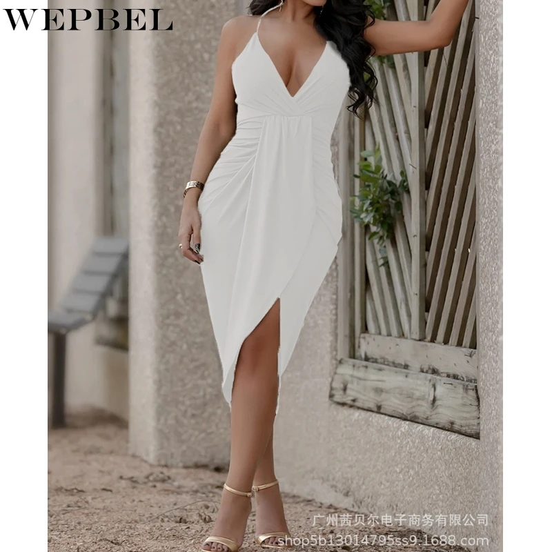 WEPBEL Sexy Solid Color Dress Women's Pleated Irregular Dress Summer V-neck Backless High Waist Spaghetti Strap Slim Dress aimsnug sexy solid color gold female sets spaghetti strap elastic slim fit fold v neck pleated hip 2019 summer women two piece