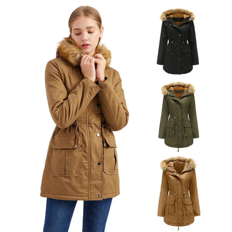 

New 2021 Women Warm Winter Jacket Women Down Cotton Hooded Fur Collar Solid Color Warm cotton Jacket