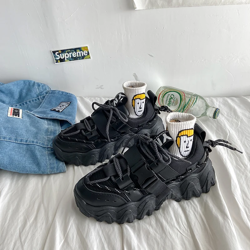 

Кроссовки женские массивные, Вулканизированная подошва, сетчатые, повседневная обувь для бега, дизайнерские, черные, 2021