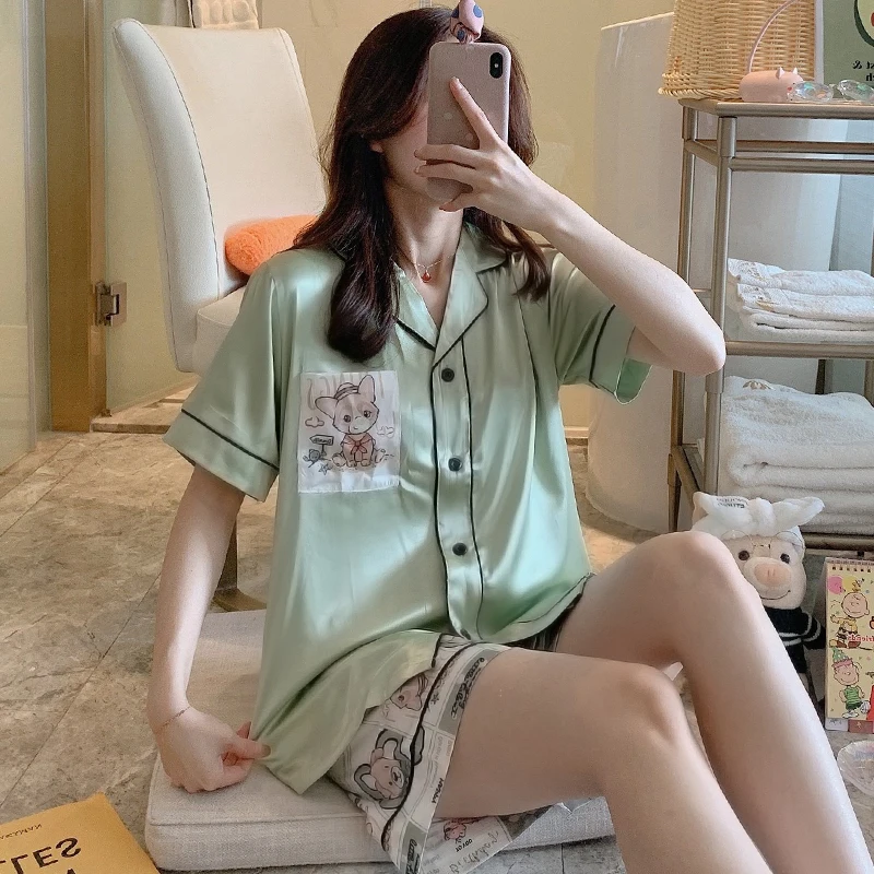 

Ice Silk Pajamas Women's Summer Thin White Short Sleeve Real Silk 2021new Internet Hot Homewear Suit