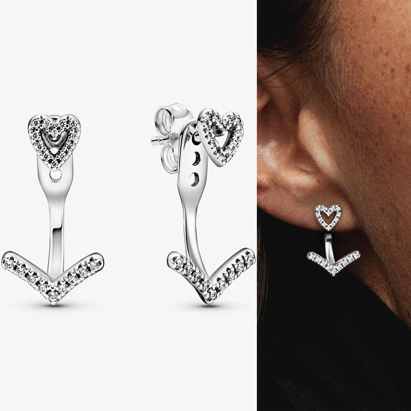

Authentic S925 Sterling Silver Shining Love Wishing Bone Earrings Women's Fashion Silver Earrings Jewelry Gifts