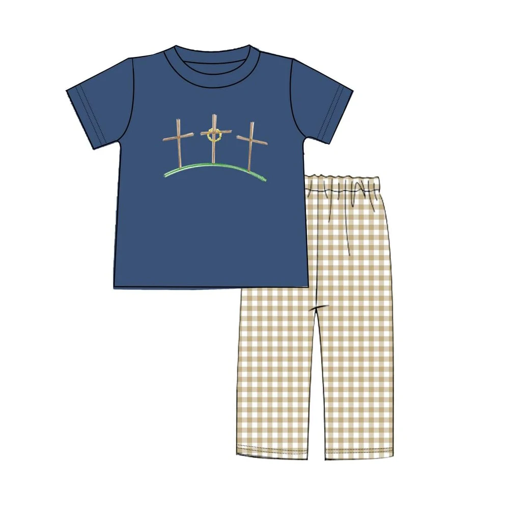 

Baby Boys Clothes Suit Fashionable Pure Cotton Kids Blue Short Sleeves Top Shirts + Lattice Casual Wide Leg Pants 2PCS Set