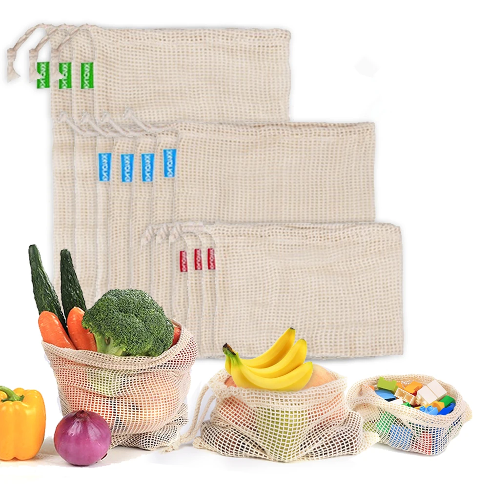 

Reusable Cotton Mesh Produce Bags for Vegetable Fruit Kitchen Reusable Washable Grid Storage Bag With Drawstring 3 Sizes