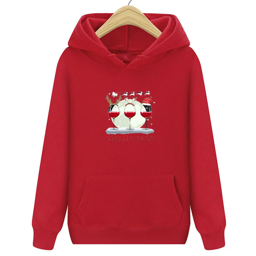 

Women Sweatshirts Long Sleeve Christmas Wine Glasses Printed Hoodies Loose Spring Autumn Pullovers Pockets Sweatshirts Female
