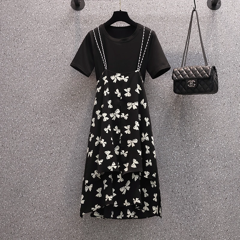 

Summer Women's Outfits Two Piece Set Fashion Elegant Short Sleeve Shirt Tops + Spaghetti Strap Bow Print Dress Suits 2021 New