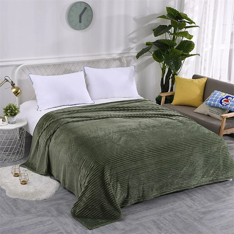 Striped Flannel Fleece Throw Blanket Soft Travel Blanket Solid Color Bedspread Plush Cover for Bed Sofa Warm Gift Dropship