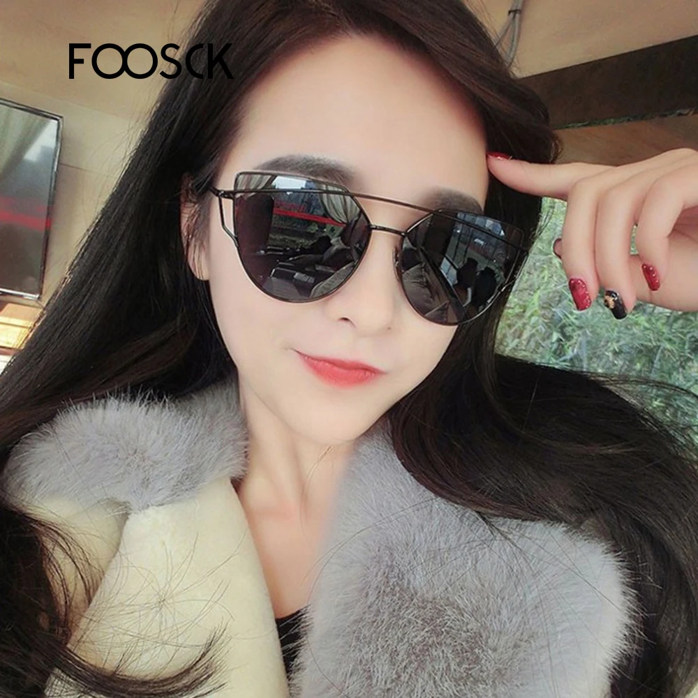

FOOSCK New Fashion Brand Designer Cat eye Sunglasses Women Vintage Metal Reflective Glasses For Lady Oculos De Sol Gafas UV400