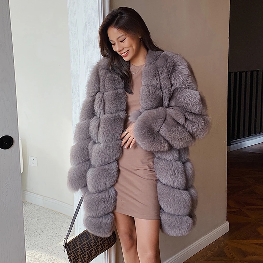 Fashion Long Real Fox Fur Coat V-neck Winter New Trendy Genuine Leather Natural Whole Skin Fox Fur Coats Female Overcoat Luxury