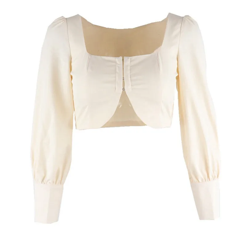 

Ladies Solid Color Sexy Blouse Puff Long Sleeve Square Collar Shirt Casual Slim Fit Soft Blouse Solid Tops Pullover
