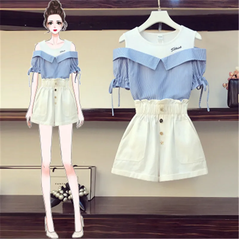 Женский дизайнерский летний комплект из 2 предметов блузка в полоску с открытыми