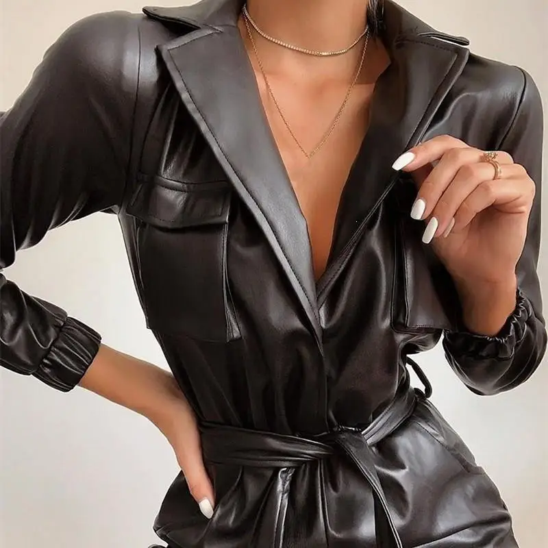 Сплошной отложной воротник Pu комбинезон женский сексуальный галстук Талия