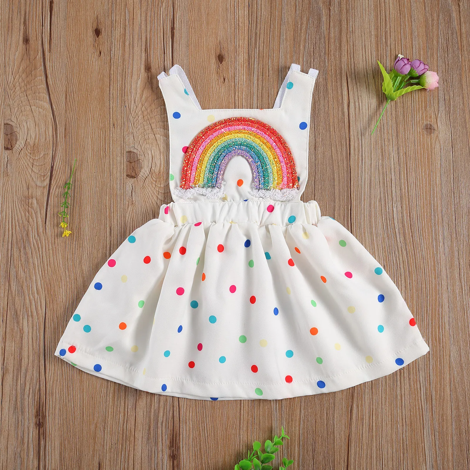 

Одежда для новорожденных девочек платье принцессы Радужный красочный горошек без рукавов с открытой спиной ТРАПЕЦИЕВИДНОЕ ПЛАТЬЕ для мале...