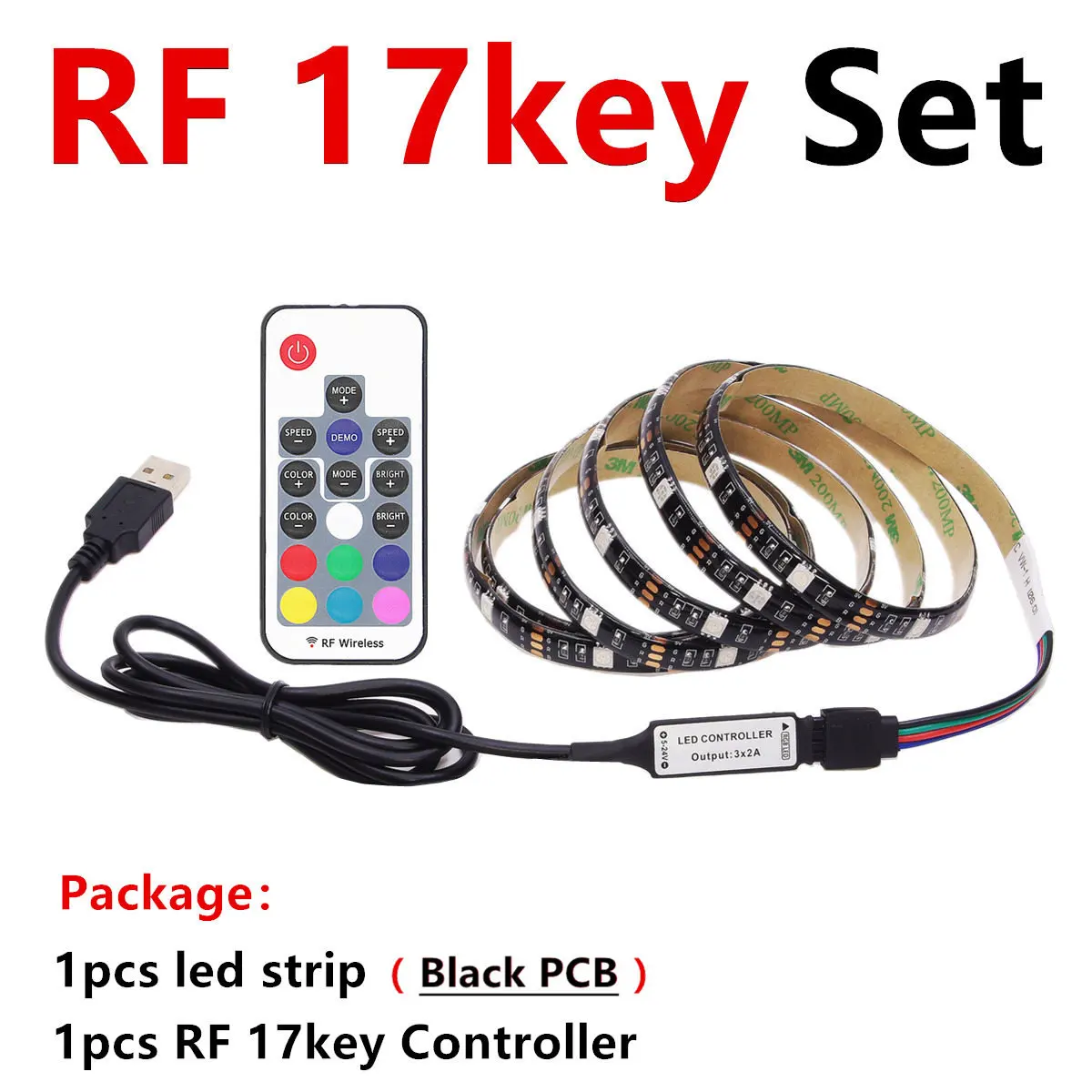 Black PCB 17key Set USB RGB Светодиодные ленты Водонепроницаемый 5V 5050 SMD RGB USB Светодиодные ленты светильник с регулируемой яркостью, лента светодиодный светильник 17key 44Key/24key Добавить Wi-Fi - Испускаемый цвет: Black PCB 17key Set