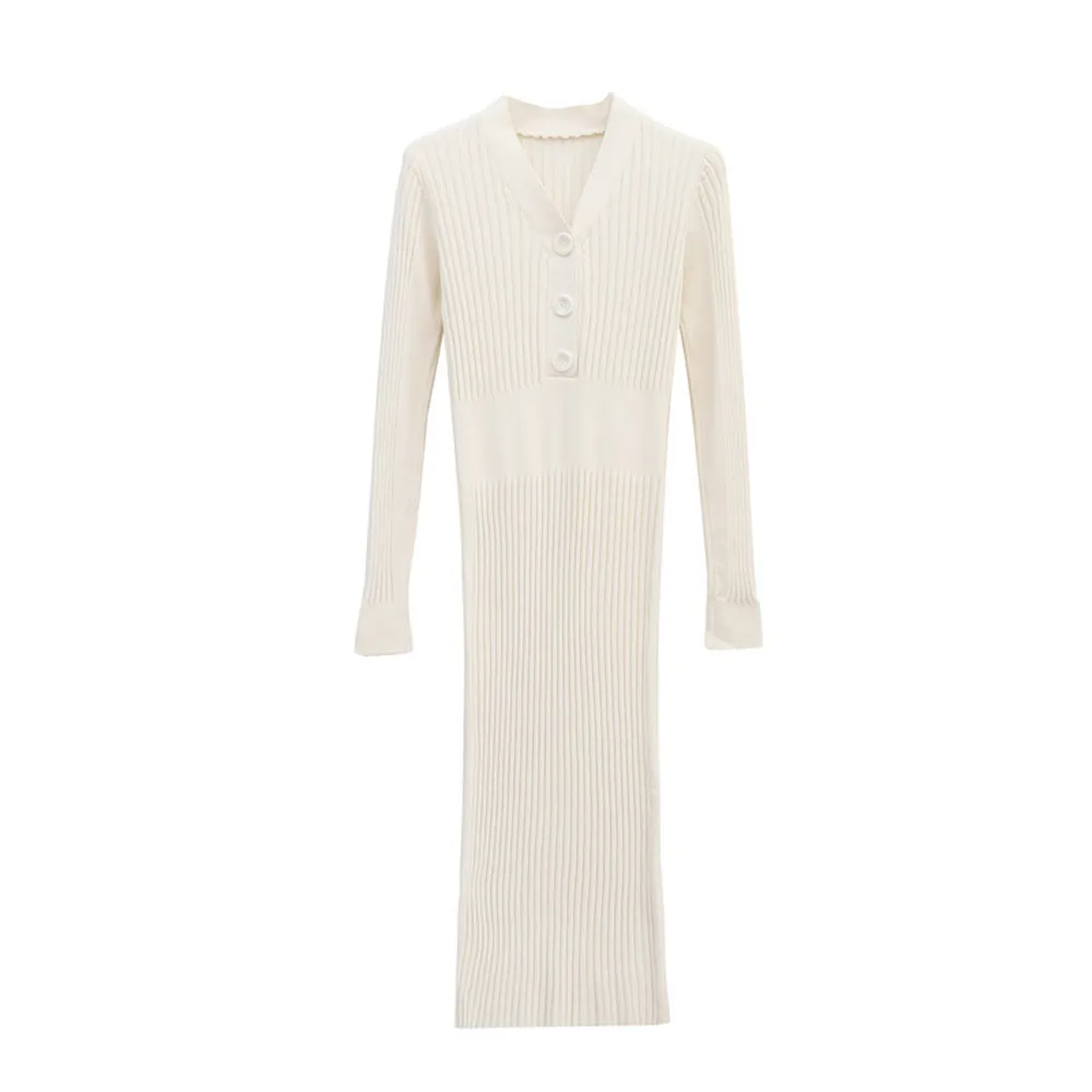

Vintage Elegant Knitted Sweater Dress Women Fashion Solid Full Sleeve Party Dress Sexy V-Neck Vestidos New Autumn Spring Dress