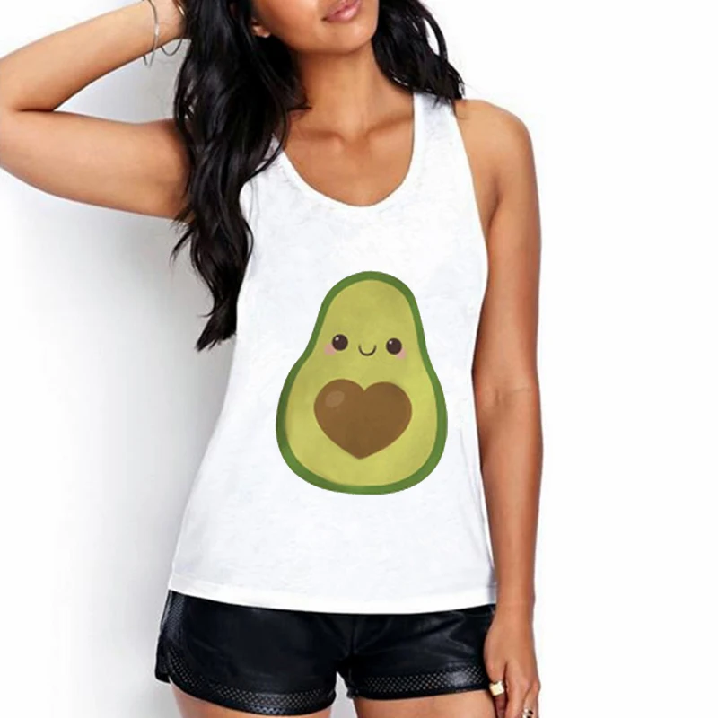 Camisole Tank Top Women Tops Cartoon Avocado Print Tee Shirt Female Casual Loose O-Neck Sexy White Plus Size Clothes | Женская одежда