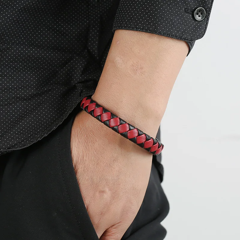 Мужские ювелирные изделия красный и черный кожаный плетеный браслет с магнитной