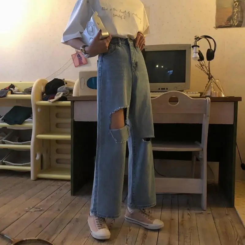 

New chic high waist loose fitting student pants wide leg pants