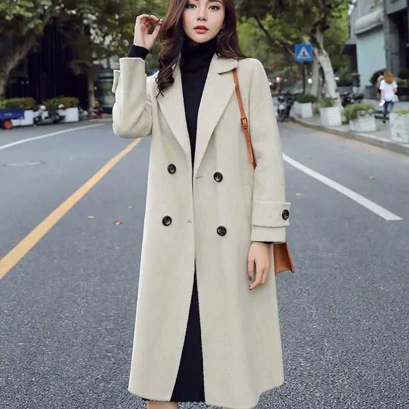 Осенне зимнее элегантное шерстяное пальто для женщин корейское повседневное