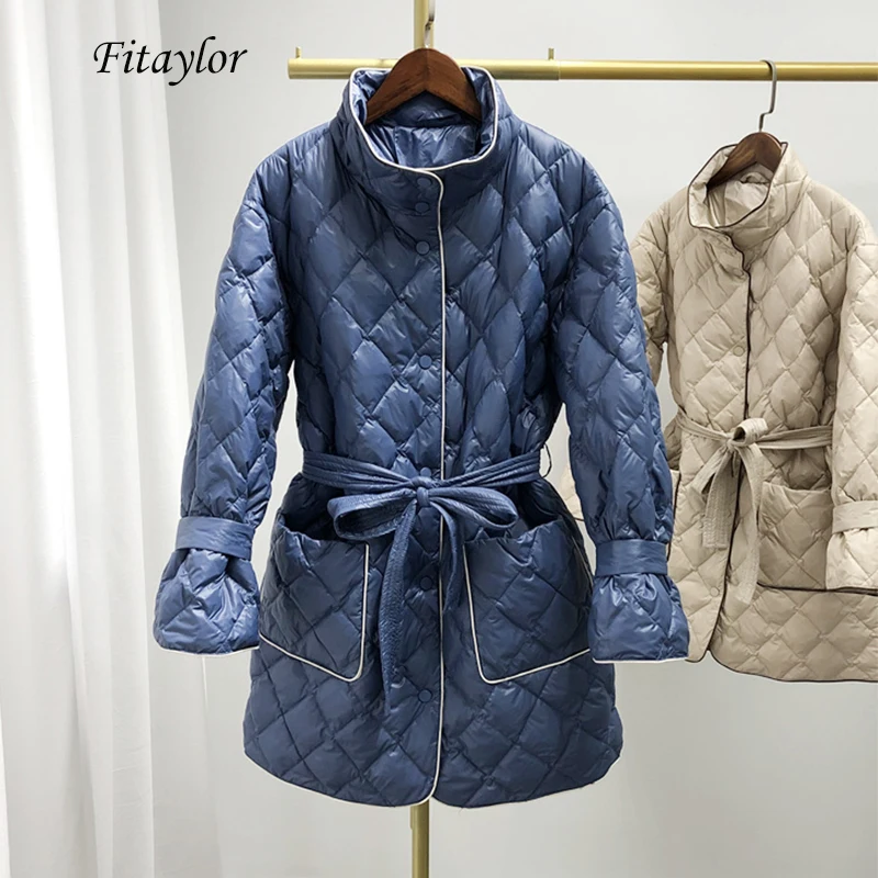 Fitaylor, зимний ультра-светильник, парка на белом утином пуху, женский длинный теплый пуховик со стоячим воротником, однобортный, с поясом, верхняя одежда